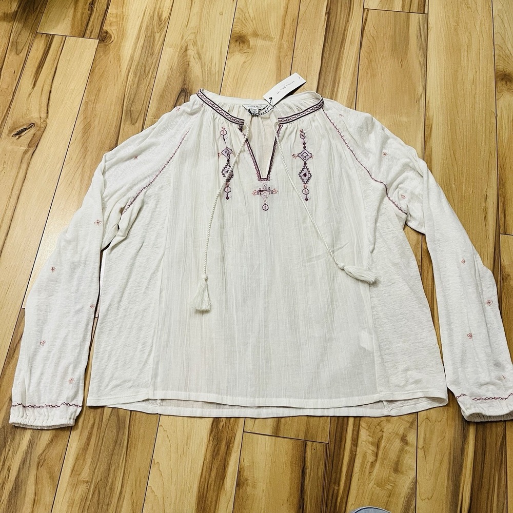NWT Lucky Brand Linen Blend Embroidered Top V-Neck Boho Peasant Women Sz S Cream